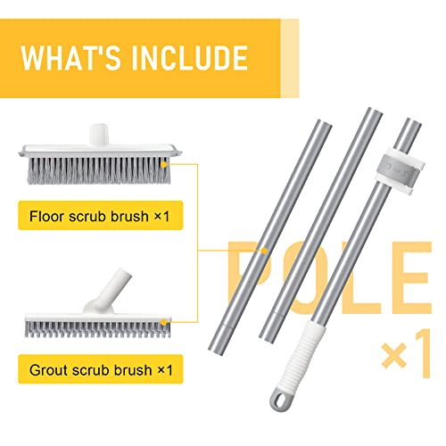 Sunally Floor Scrub Brush And Grout Scrub Brush Combo Kit With 57" Long Handle, 2 In 1 Scrape Brush Stiff Bristle, Shower Floor Scrubber, Deep Cleaning Brush Set For Multiple Scenes, Grey White #TOP1
