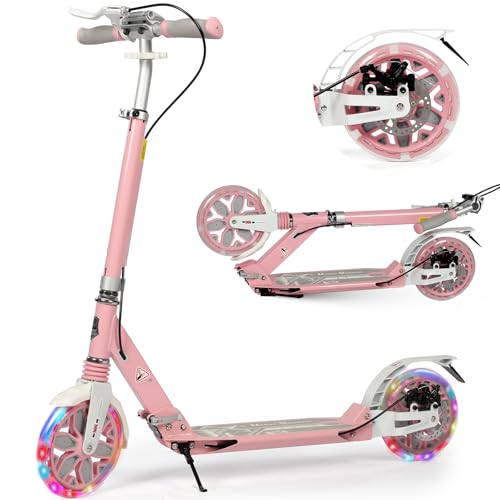Kickscooter, Tretroller für Kinder ab 8–12 Jahren, 200 mm große Räder, Roller für Erwachsene mit Scheibenbremsen, Erwachsenenroller mit Tragegurt und doppelter Stoßdämpfung, Faltbar (LED-Rosa)