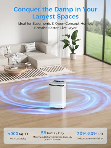 Image of VEAGASO 4000 sq.ft Dehumidifiers for Basement with Drain Hose Max 58Pint | Dehumidifier with Intelligent Humidistat, Dry Clothes, 24HR Timer, for Home, Large Room, Bathroom, Bedroom