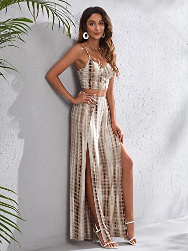 Shein Women's Two Pieces Tie Dye Outfits Long Wrap Split Thigh Pants Cami Tops Set Summer Jumpsuit Khaki Small #TOP3