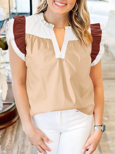 Image of Tankaneo Womens Color Block Ruffle Top Summer Puff Sleeve V Neck Blouse | Summer Casual Dressy Tank Tops, V Neck, Pleated Blouse, Loose Fit, Sleeveless