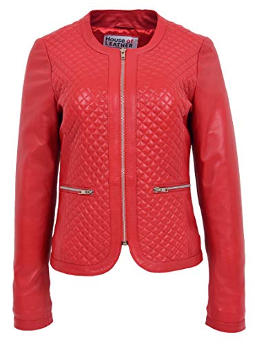 Veste en cuir souple femmes rouge matelassée sans col coupe Joan