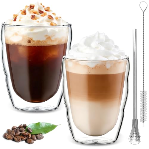 CxutSa 2x350ml Insulated Coffee Glasses - Double Walled Mugs for Cappuccino, Latte, and More - Borosilicate Heat Resistant Cups with Spoon and Straw
