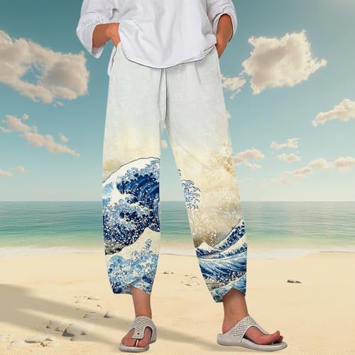 HOTYD Japanese Wige Leg Pants for Women Artist Linen Pants Womens Capri Pants Summer Baggy Cropped Trouser with Pockets2
