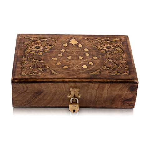 Great Birthday Gift Ideas Handmade Decorative Wooden Jewelry Box With Free Lock & Key Jewelry Organizer Keepsake Box Treasure Chest Trinket Holder Lock Box Watch Box 8 x 5 Inch Cover