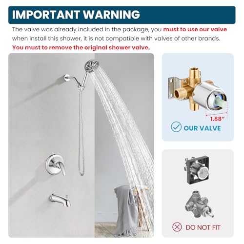 Image of gotonovo Bathroom Shower Head Kit High Pressure Combo System Shower Faucet 6 Modes ABS Handheld Spray Shower Trim Kit Valve Included Shower Head and Handle Set Polished Chrome