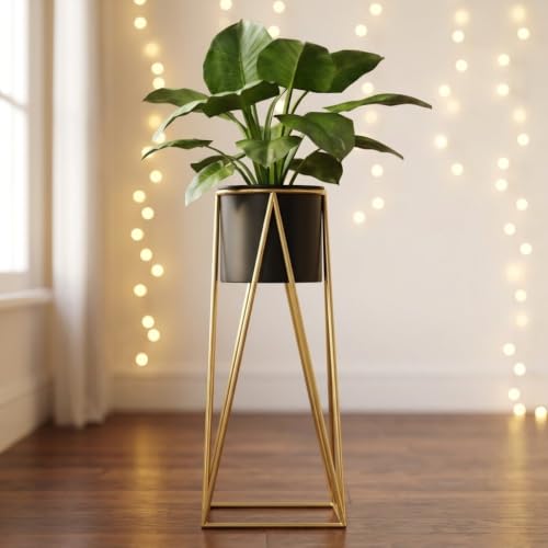 Image of CHROMIX Modern Metal Floor Flower Plant Stand with Planter Pot - Mid-Century Decorative Tall Indoor Plant Stand for Living Room, Bedroom, Balcony, Patio Display - Elegant Black Planter Holder