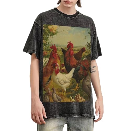 T-shirt surdimensionné homme vintage à manches courtes imprimé poules et ferme