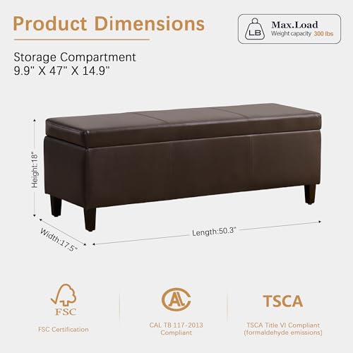 Image of HUIMO Faux Leather Storage Ottoman Bench 50.3 Inch Extra Long PU Upholstered Bedroom Bench with Large Storage Space for The Living Room, Entryway, Bedroom Hold Up to 300lbs (Brown)