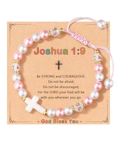 HGDEER Dear Lord Bless This Little Girl, Pink Pearl Cross Adjustable Bracelet for Girls, Birthday, Graduation, Baptism, Easter, Christmas, Valentines, First Communion, Confirmation Christian Gifts for Girls Daughter Granddaughter Niece