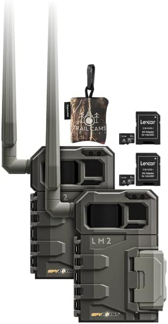 SPYPOINT LM2 Twin Pack Cellular Trail Camera - 20MP Photos, Infrared Game Night Vision Photos, 90' Flash Trail Camera & Detection Range + SD Cards + Spudz Microfiber Cloth (LM2-V)