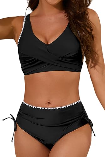 VILOREE Damen Mesh Bikini Set High Waist Zweiteiliger Bademode Wickeloptik V Ausschnitt Bauchkontrolle Schwarz (139) M