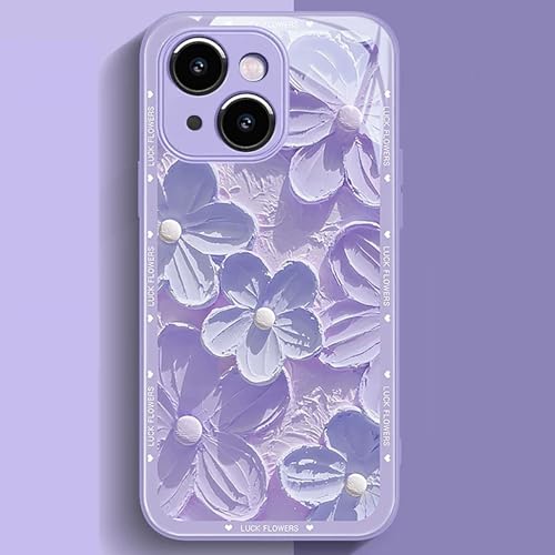 for iPhone 6s Plus iPhone 6 Plus Floral Case, Cute Colorful Oil Painting Flower Glossy Pattern Tempered Glass Phone Case Slim Fit Shockproof Protective Cover for Girls Women (Purple)