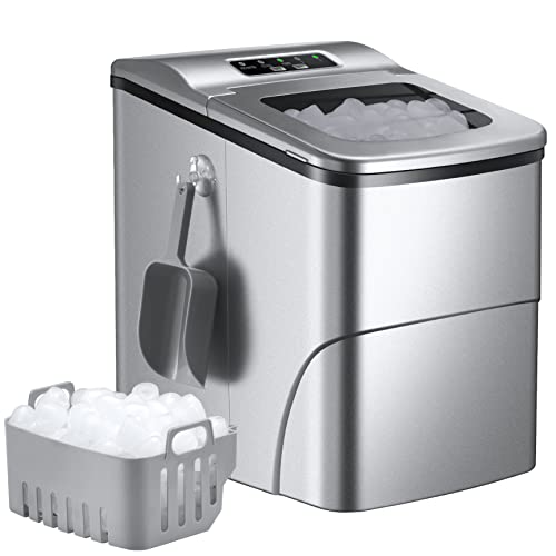 Ice Maker Machine, 26 Pounds in 24 Hours, 9 Ice Cubes Ready in 6 Minutes, LCD Display & Self-Cleaning Function, Stainless Steel Ice Maker with 2 Ice Cube Sizes, Portable Ice Maker with Scoop & Basket