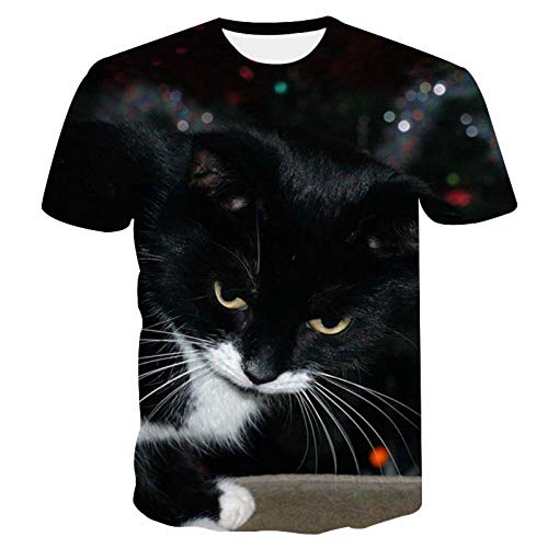 Treer Men's Short Sleeve, 3D Cat Print Summer T Shirts Sports Crew Neck Soft Breathable Casual Slim Short Sleeve Beach Surfing Tops Blouse S-5XL (Black White cat,L)