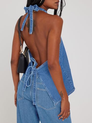 Image of Tankaneo Womens Halter Denim Vest Tops Summer Sleeveless Open Back Y2K Going Out Jean Tank Tops V Neck Button Up Waistcoat