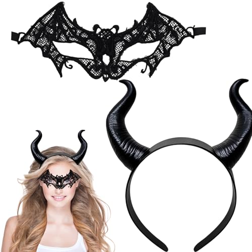 Devil Horns Headband with Eye Mask Black Maleficent Horns for Halloween Costume Gothic Headpiece for Cosplay Themed Parties and Dress Up Events 29cm Premium Accessories