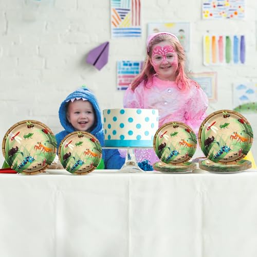 Image of Qyeahkj 100 Pcs Bug Party Plates Napkins Supplies, Spring Summer Ladybugs Bee Reptile Birthday Party Tableware Set Insect Birthday Party Decorations Favors for Boys Girls Serve 25