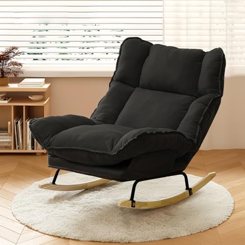 Image of Rocking Chair with Adjustable High Backrest, Extra-Wide Upholstered Glider Rocker, Comfy Corduroy Accent Chair for Living Room Bedroom