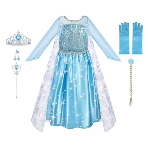 URAQT Vestido de Princesa Elsa, Reina Frozen Disfraz Elsa Vestido Infantil Niñas Costume Azul Cosplay de Disney Disfraz de Halloween, Cumpleaños, Carnaval y la Fiesta (120)