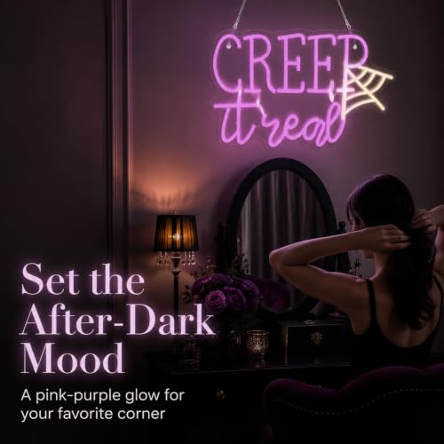 Image of Creep It Real Neon Sign,Halloween Decor | Spider Web - Spooky Party Decor 15.7x10.2in