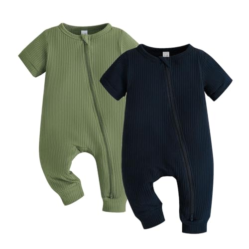Image of Bafeicao Newborn Baby Boys Girls 2 Pack Rompers Short Sleeve 2 Way Zipper Romper One Piece Jumpsuits Outfits Clothes