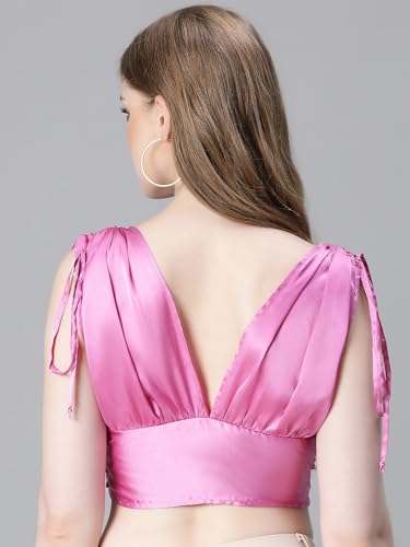 Image of oxolloxo Women Solid V-Neck Elasticated Tie-Up Satin Crop Top