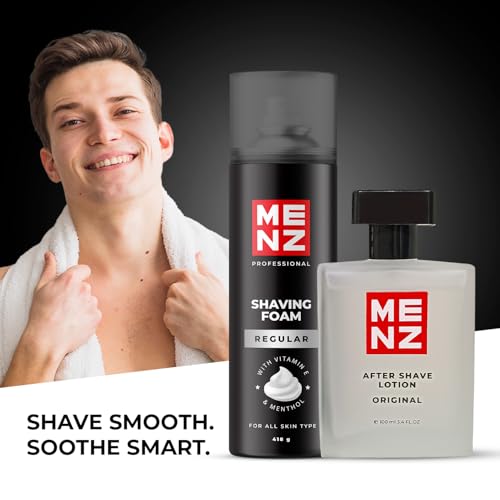 Image of MENZ Regular Shaving Foam with vitamin E 418gm & Original After Shave Lotion Enrich With Oat Milk 100ml Combo Pack for Men