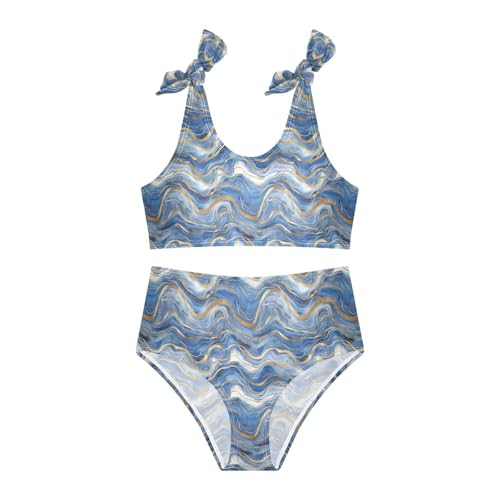 Watercolor Blue Gold Wave Girls Two Piece Tankini Swimsuits Summer Bathing Suit Beach Swimwear Set4