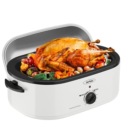 Image of 22-Quart Electric Roaster Oven with Removable Pan and Self-Basting Lid, Perfect for Turkey Roasting with Temperature Control from 150 to 450°F and Cool-Touch Handles,White