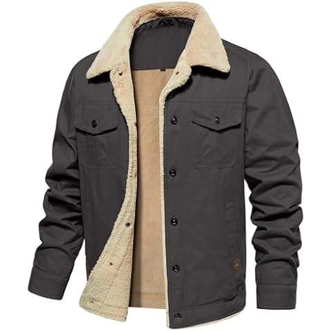 NAVEKULL Men’s Warm Winter Jacket Thick Fleece Lined Jacket Cotton Thermal Cargo Work Coat Workwear Lapel Sherpa Trucker Jacket Cover