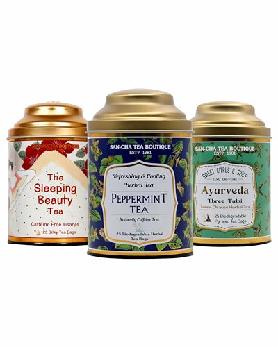 Image of Sancha Tea Boutique, Caffeine-Free Herbal Tea Bundle, Peppermint, Sleeping Beauty & Tulsi Herbal Tisanes, Eco-Friendly Biodegradable Pyramid Tea Bags, Value Pack