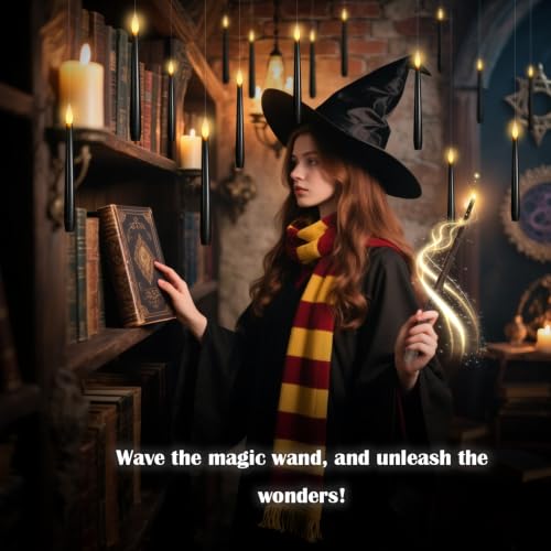 Image of kakoya Flameless Floating Candles with Wand,12 Pcs Magic LED Hanging Taper Candles,Flickering Battery Operated Taper Candle with Wand Remote for Halloween Decorations Best Gift(Black)