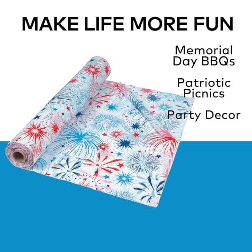 Image of Fun Express 40 inch x 100 Ft. Patriotic Disposable Plastic Tablecloth Roll, Great for 4th of July, Memorial Day, Veteran's Day and Other Americana Events, Choose Your Color (Firework)