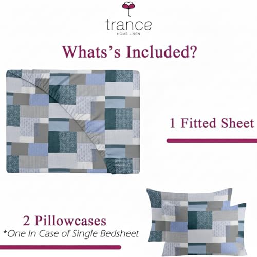 Image of Trance Home Linen 100% Cotton 144TC Elastic Fitted Bedsheet | Printed Double Size Bed Elasticated Fitted Bedspread with 2 Pillow Covers (75x72 inch, Abstract Green)
