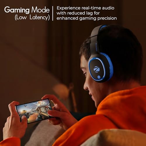 Image of Zebronics Thunder Wireless Headphones, BT v6.0, Up to 60h Playback, Dual Pairing, 40mm Drivers, ENC, Gaming Mode, AUX & microSD, Rapid Charging, Type-C Charging (Blue)