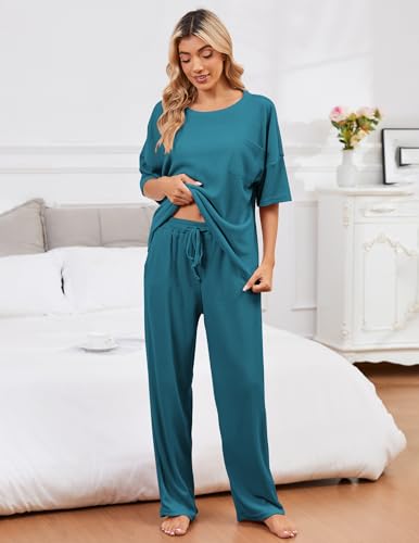 Image of JiniGolla Womens Pajama Sets Waffle Knit Short Sleeve Shirt with Long Pajama Pants Soft Sleepwear Pj Lounge Sets
