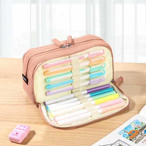 Image of Sooez Big Capacity Pencil Case Pen Pouch, Soft Corduroy Pencil Bag with 3 Compartment, Multiple Pockets, Sturdy Zipper, Cute School Supplies Pen Bag Organizer For Teen Girls College-Orange