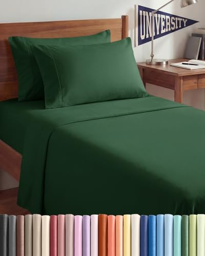 Image of Twin XL 4 Piece Sheet Set - College Dorm Room Essentials - Emerald | Ultra Soft Dorm Bedding Set, 8 inch to 16 inch Inch Deep Pockets, 1 Flat & 1 Fitted Sheet & 2 Pillowcases, Wrinkle & Fade Free