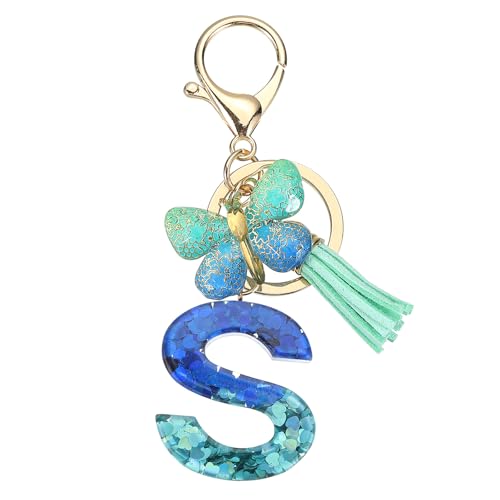 uxcell Initial Letter Keychains, Resin Cute Butterfly Tassel Pendant Accessory for Women, Alphabet Key Ring for Purse Handbags Backpack, Teal-S