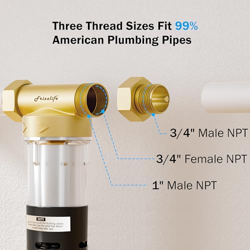 Image of Frizzlife 40 /100 Micron Spin Down Sediment Filter with Built-in Scraper, Reusable Whole House Pre-Filter for City /Well Water, Washing Machine, Flushable Filtration, BPA Free, 1 inch&3 /4 inch NPT