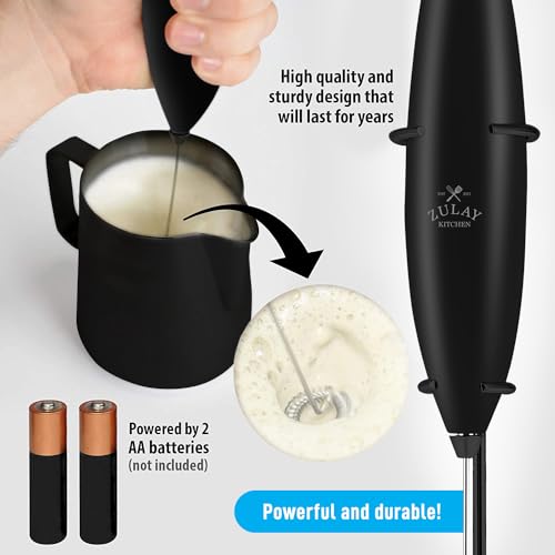 Image of Zulay Premium Gift Milk Frother Set - Handheld Coffee Frother with Stand, 12oz /350ml Frothing Pitcher + 4 Latte Art Stencils - 13,000 RPM Motor, SS Whisk, Battery Operated - Barista Kit (Exec Black)