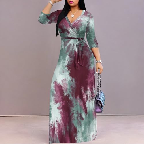 Image of PinkPatty Women's Print Maxi Dresses 3 /4 Sleeve Flowy Long Dress V Neck Wrap Tie Waist Sundress