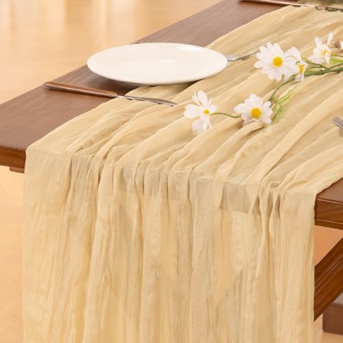 Image of Socomi Gold Champagne Cheesecloth Table Runner Easter Spring Boho Rustic Gauze 120 inch 10FT Cheese Cloth Runner for Wedding Party Baby Shower Birthday Home Decor Holiday Decorations