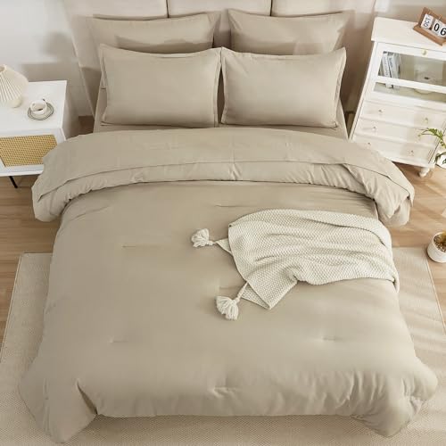 Litanika Comforter Queen Size Set Khaki - 7 Pieces Bed in a Bag Queen Bedding Comforter Sets, Plain Lightweight Bed Set with Comforter, Sheets, Pillowcases & Shams