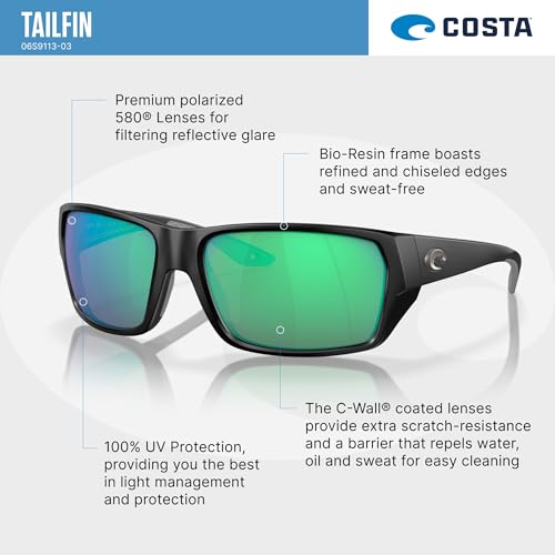 Image of Costa Del Mar Mens Tailfin Rectangular Sunglasses