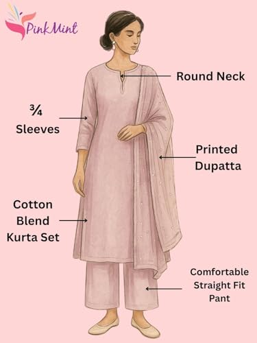 Image of Pinkmint Women's Muslin Printed Kurta Set with Pants & Dupatta l 3 Piece Ethnic Suit for Casual