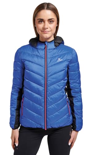 ATHL DPT. Chaqueta de invierno forrada para mujer/chaqueta deportiva/chaqueta híbrida en diseño deportivo con práctica capucha, Chaqueta acolchada de invierno azul/negro, L