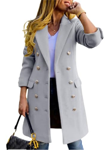 Image of Womens Fall Winter Wool Coats Double Breasted Midi Peacoat Trench Coats