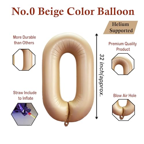 Image of Solid Beige 0 /Zero Number Foil Balloons 32 inch Birthday Party Decoration Helium Supported